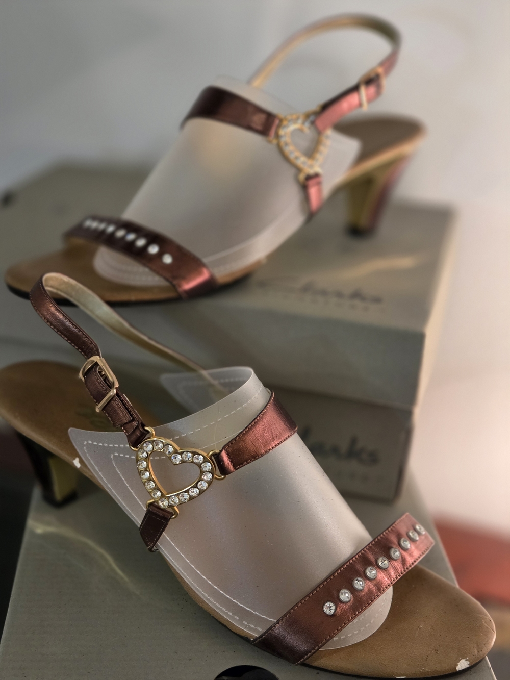 Onyx Rose Bronze Metallic Slingback Sandals with Heart Crystal Accent